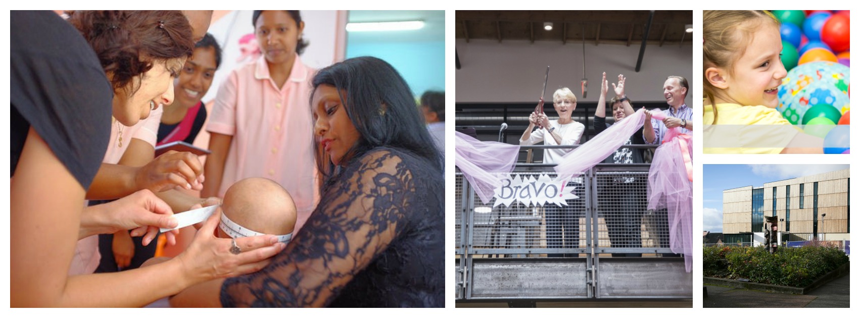 Image 1: a woman holds a baby while another woman measures the baby's head. Image 2: three people cheer behind a sign that says "Bravo!" Image 3: a young girl wearing a yellow t-shirt in a bouncehouse. Image 4: an outdoor shot of a new facility.