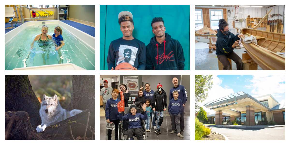 Image 1: two women stand in a swimming pool. Image 2: a wolf looks at the camera. Image 3: two young men smile for the camera in front of a blue wall. Image 4: a group of adults and children, some using crutches or wheelchairs, smile for the camera. Image 5: a young woman sanding wood on a wooden boat. Image 6: the entrance to Pullman Regional Hospital.