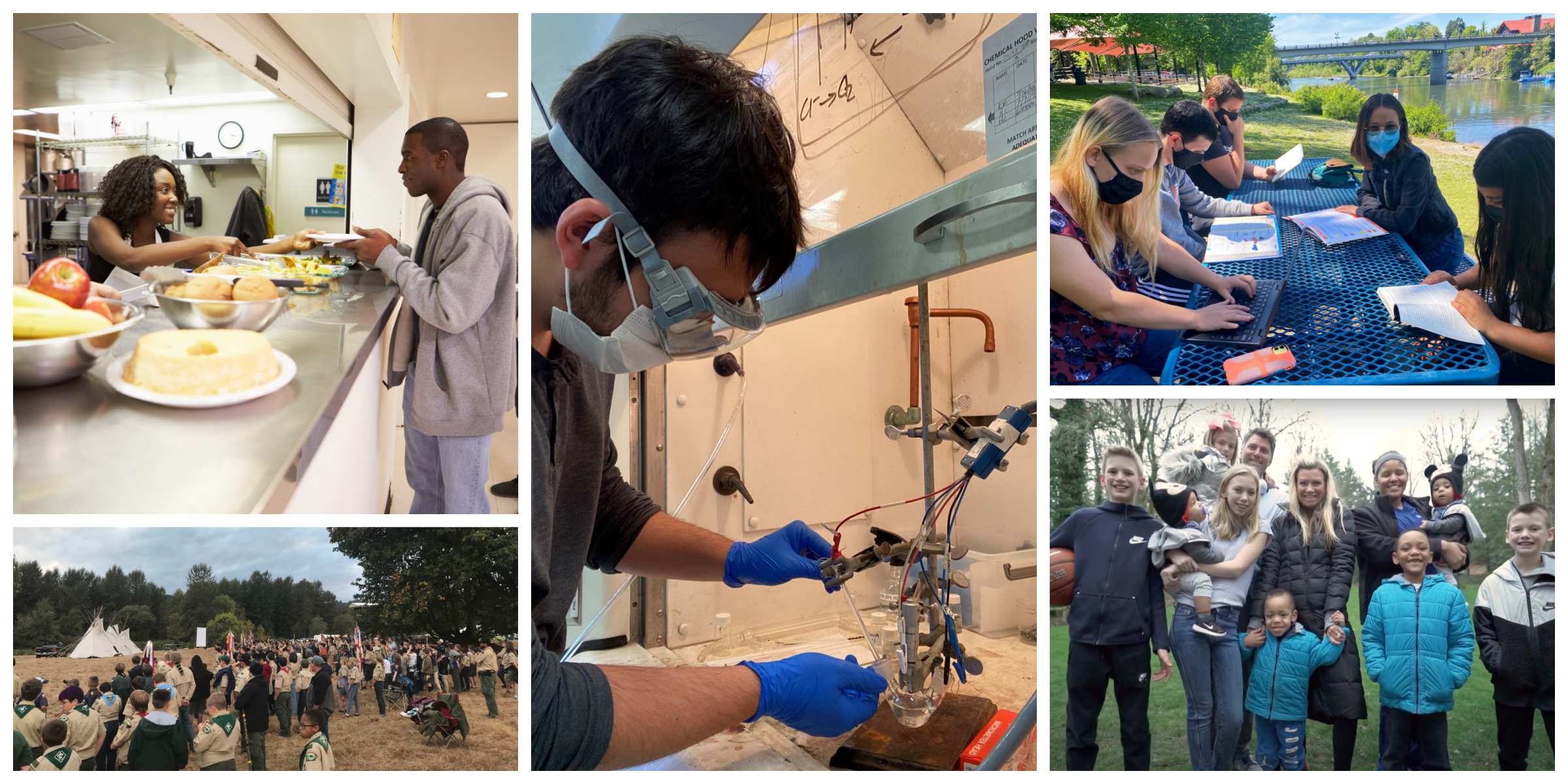 Image 1: A woman hands a plate of food to a man over a counter. Image 2: A crowd of people stand outside with tents in the background. Image 3: a man wearing protective goggles performs a scientific procedure. Image 4: a group of students wearing masks doing homework on a picnic table outside. Image 5: a family with nine children smile for the camera while standing outside.