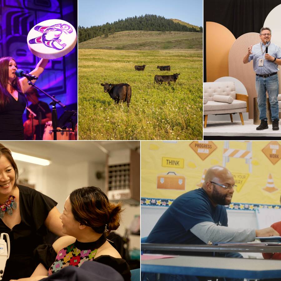 Collage of five photos. The top three photos depict a person on stage singing into a microphone, a grassy field with cows, and a person on stage speaking into a microphone. The two photos on the bottom show someone using a sewing machine and an adult helping a child read.