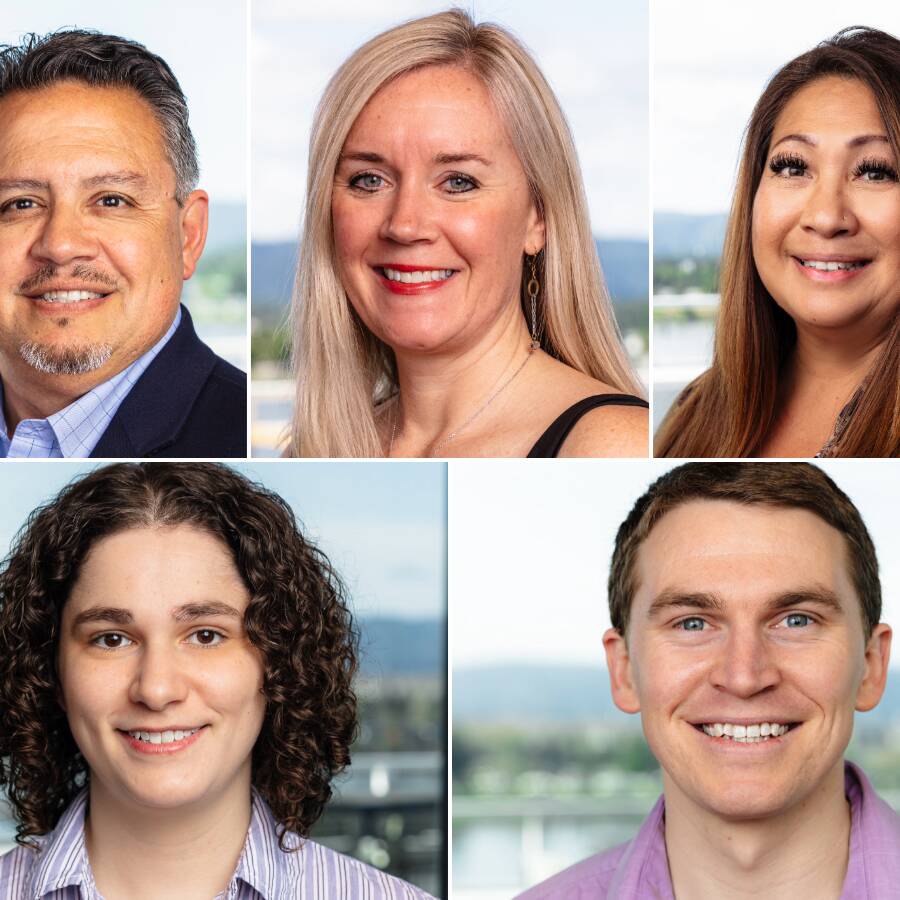 Collage of five headshots, all featuring similar backgrounds and smiling faces.