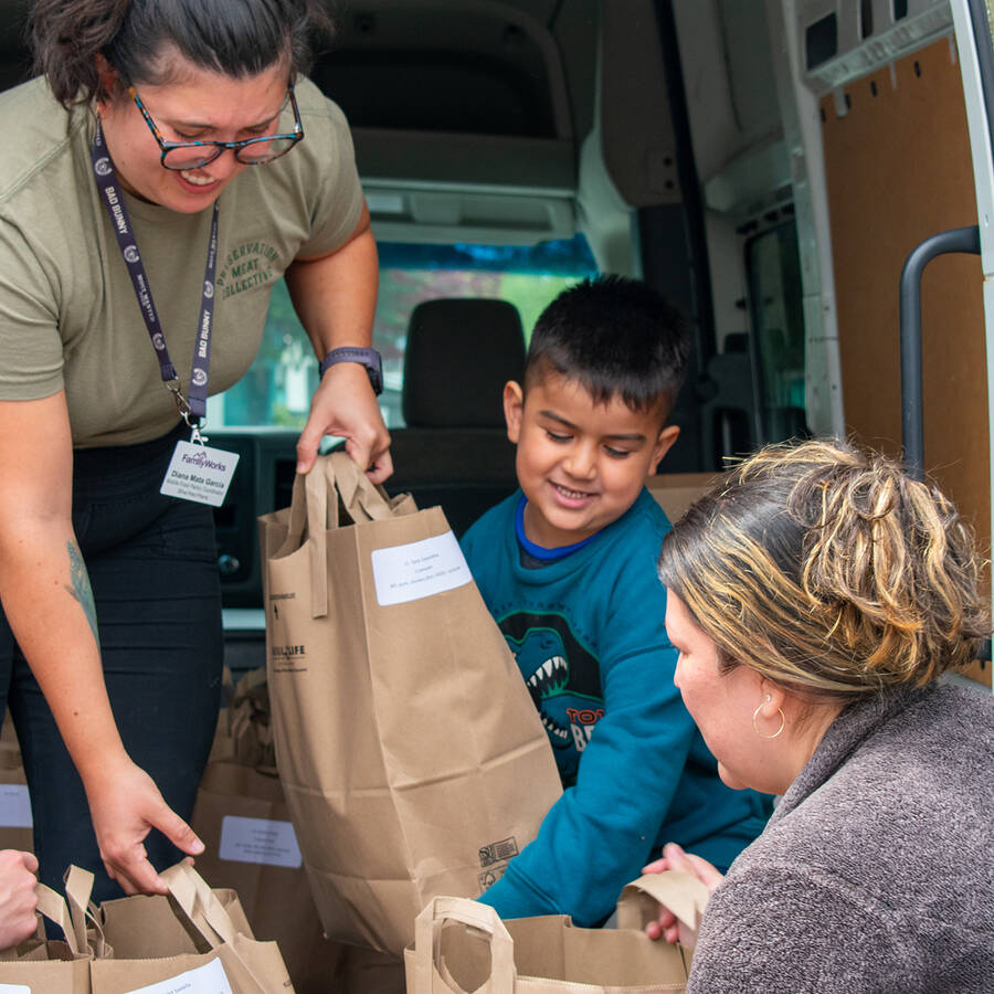 Two adults handling full paper grocery bags, loading them out of a van. Young child in the van, assisting the two adults.